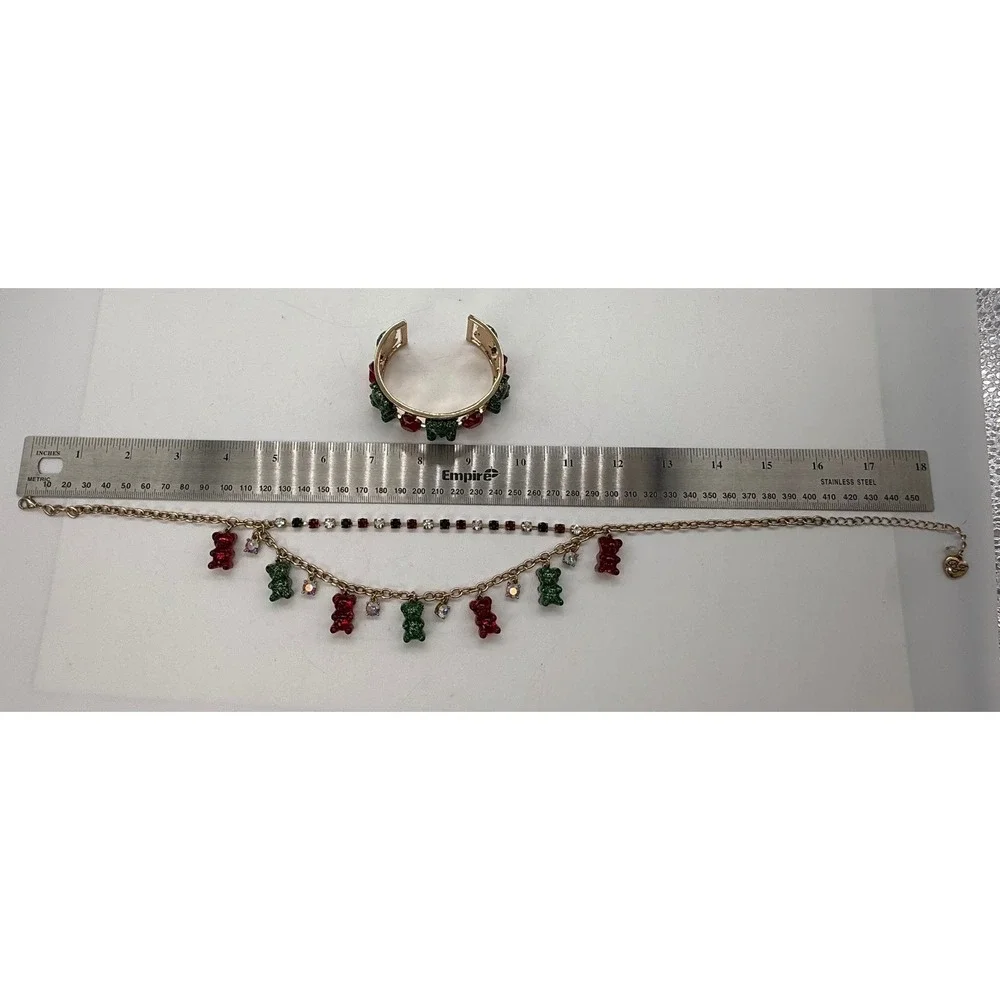Betsey Johnson Gummy Bear Necklace and Cuff Bracelet Set Red Green Gold Vintage
